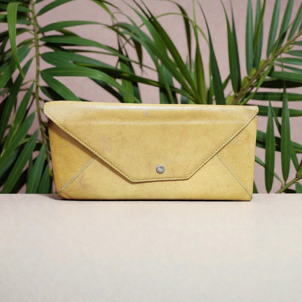 Atlus Leather Envelope Clutch Mustard Yellow Made in USA Vintage Minimal